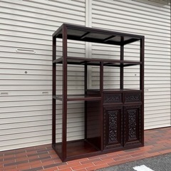 ★高級 唐木家具 黒檀 茶棚★草花紋様 透かし彫り 飾り棚 煎茶...