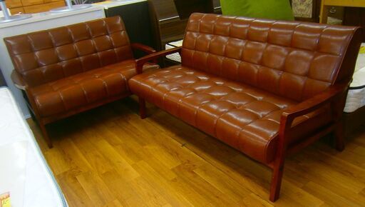 R338 レトロ調 合皮 2P・3P ソファ、2点セット、幅116cm・150cm 美品