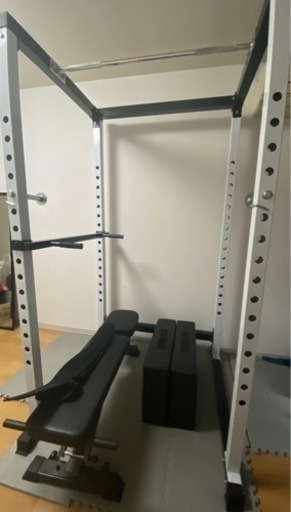 【今月まで値下げ】パワーラックセット(パワーラック、ベンチ、マット、バーベル、クッション、プレートラック、パワーベルト)