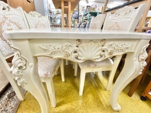 ダイニング5点セット 128cm ロココ調 大理石天板 アンティーク家具