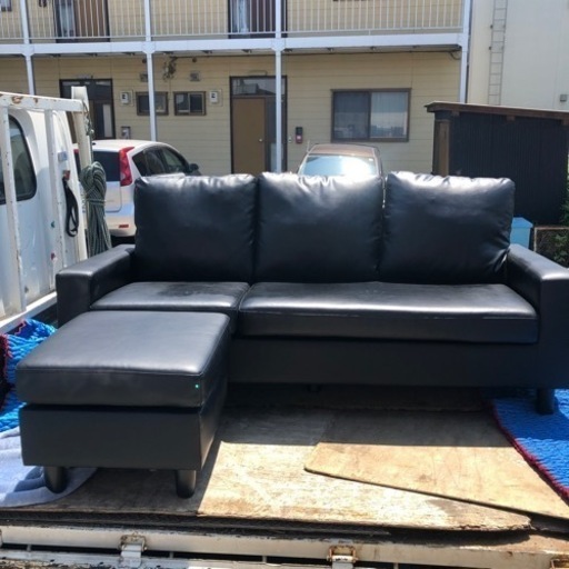 L字ソファ　レザー　ブラック　オットマンつき