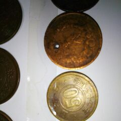 旧貨幣硬貨古銭・明治14年2銭・明治16年1銭・大正13年1銭＋鳳凰・稲百円・菊50円・議事堂5円の画像