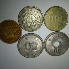 旧貨幣硬貨古銭・明治14年2銭・明治16年1銭・大正13年1銭＋鳳凰・稲百円・菊50円・議事堂5円の画像