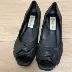 オープントゥパンプス 23.0EEE ブラック リボン