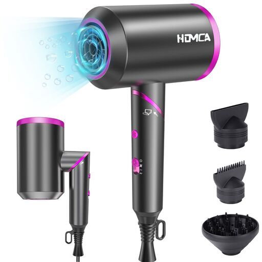 HOMCA ヘアドライヤー 速乾 【マイナスイオン 1200W大風量】 3段階温度＆風量調節可 冷熱風 折り畳み式 速乾ドライヤー サーモスタットヘアドライヤー 過熱防止 ヘアケア ドライヤー ３種類アタッチメント付き 軽量 収納簡単 吊り下げフック付き ヘアサロン 旅行用/家庭用　父の日 母の日のギフト