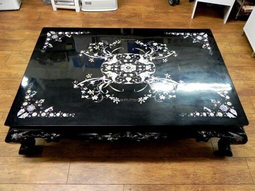 座卓 螺鈿細工 孔雀 蝶 草花 テーブル 家具 黒 幅：約137cm 札幌市 厚別区