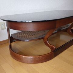 格安！店舗受け渡し可能　ビンテージ　センターテーブル　天然木/木枠　スモークガラステーブル　北欧ビンテージ調　モダン　ブラウンスモークガラスの画像