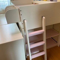 ロフトベッド シングル ピンク 机と袖机付き 