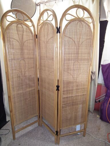 【紋別市発】籐　パーテーション　157.5×40×３連　衝立 間仕切り　スクリーン　アジアン　モダン　籐の家具