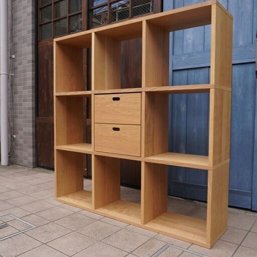 人気の無印良品(MUJI)のオーク材 3段・3列スタッキングシェルフ/引出し付！！追加棚で用途に応じてカスタマイズ可能な万能シェルフ♪