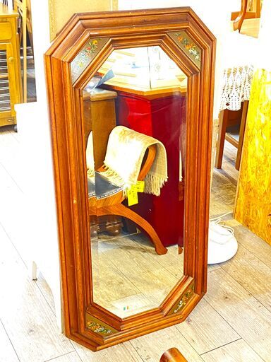 ITALY イタリア製 ハンドペイント 八角鏡 壁掛け ウィールミラー 八角形 木製フレーム (検) ロイズ アンティークス★買取帝国 志木店