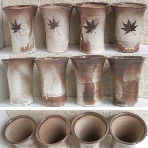 未使用品☆宮島焼 陶斎窯 川原厳栄堂 御砂焼 ビアマグ4客・箸置き5客