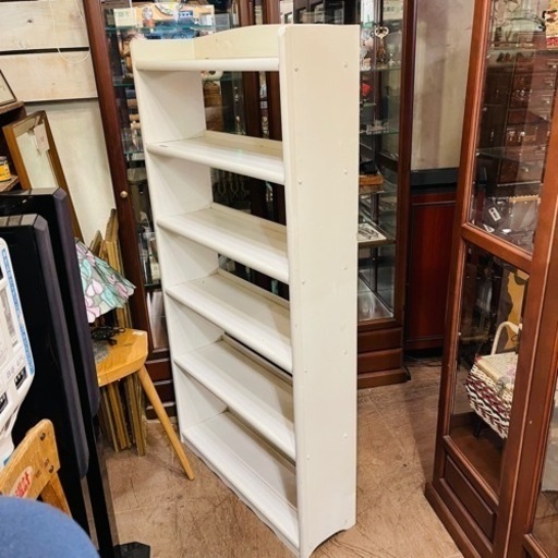 《売約済》【品川区リサイクルショップ / 配送無料エリアあり】 時代　ビンテージ　古書棚　本棚　木製　アンティーク　レトロ　昭和　大正　書類入れ　書類　大型　大判　書棚　ブックケース　 ラワン　オフホワイト　塗装　シャビー　検　フランス