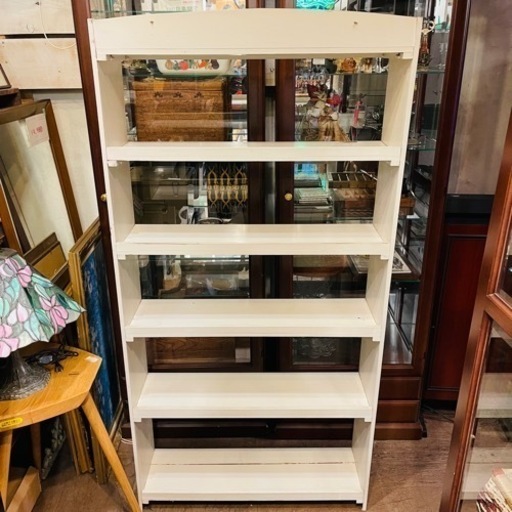 《売約済》【品川区リサイクルショップ / 配送無料エリアあり】 時代　ビンテージ　古書棚　本棚　木製　アンティーク　レトロ　昭和　大正　書類入れ　書類　大型　大判　書棚　ブックケース　 ラワン　オフホワイト　塗装　シャビー　検　フランス