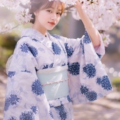 【新品4点セット】浴衣　花柄　浴衣・足袋・帯(白)・扇子　フリーサイズ