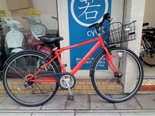 【クロスバイク】6段変速　LEDオートライト付　前カゴ、泥除け装備❗️若林自転車　浜大津店　SALE中❗️