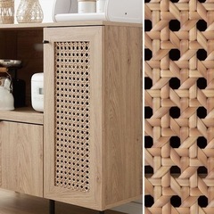 処分前　ほぼ新品！組み立て済 食器棚  キッチンキャビネット 木製 ラタン調：ナチュラル/ブラックの画像