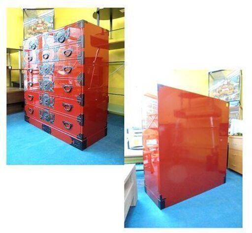 札幌【仙台箪笥 六段九杯 朱色漆塗り 牡丹】幅約104cm 高さ