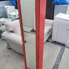 鏡付き 縦型収納 ラック 赤系 レッド 