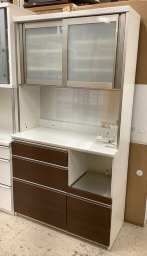 Pamouna/パモウナ レンジボード 食器棚 ハイタイプ WH×DBR ブルーモーション 取扱説明書・仕切り板付【ユーズドユーズ名古屋天白店】J1949