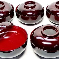 ◆取引条件有り◆未使用新古品◆ 漆塗り蓋付き蕎麦・汁椀 x5客組...