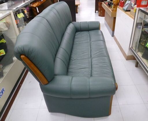3人掛けソファー グリーン系 本革 レザー調 3Pソファ 幅179×奥行80×高さ89cm 苫小牧西店