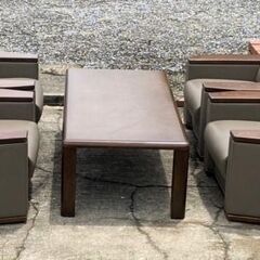 オカムラ　総革、高級応接 5点セット　中古　レザー張　引取り可：田川市