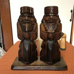 お値下げ 北海道『昭和レトロ』ペア H30㎝ アイヌ木彫り人形 阿寒湖 置物 台座付 民芸品 おみやげ の画像