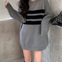 新品未使用　SEU ボーダー柄ざっくり編みチュニックニット　グレー
