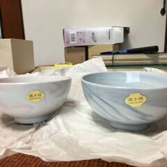 2個 京焼 清水焼 賀泉 窯 練込ご飯茶碗 夫婦 未使用品 ブル...