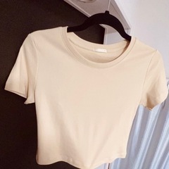 コットンミニTシャツ　半袖　トップス  リブ ベージュ 丈さらに短め44cm  の画像