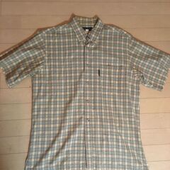 格子柄の薄い緑色の半袖シャツ