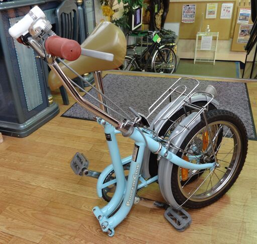 折りたたみ自転車 16インチ PUMPKIN CLUB 水色 レトロ調 折り畳み自転車 コンパクト LEDライト・ベル付き 西岡店