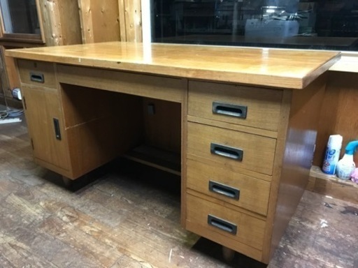 両袖机　天然木　ベージュ　引き出し