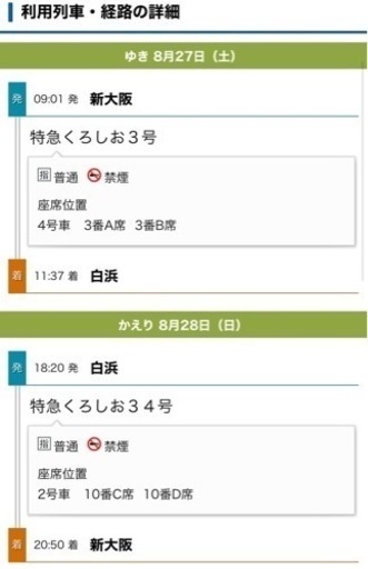 新大阪→白浜　特急乗車券2人分