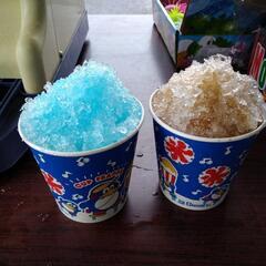 かき氷　無料　　鮎のつかみ取り（一匹500円）