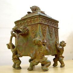 高岡銅器 米田秀保 鋳銅蝋型 香炉 打出小槌摘 龍頭 緑青 共箱