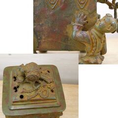 高岡銅器 米田秀保 鋳銅蝋型 香炉 打出小槌摘 龍頭 緑青 共箱