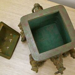 高岡銅器 米田秀保 鋳銅蝋型 香炉 打出小槌摘 龍頭 緑青 共箱