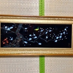 宝石画 貴石画 梅 鶯 紅白梅 うぐいす 壁掛け 骨董 額装 美...