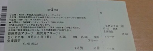 ８月２８日AIコンサートチケット2枚