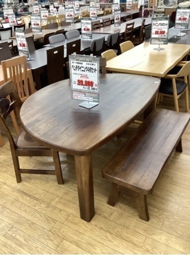 KH-66【新入荷　リサイクル品】オーク無垢材　ベンチダイニング4点セット　ブラウン