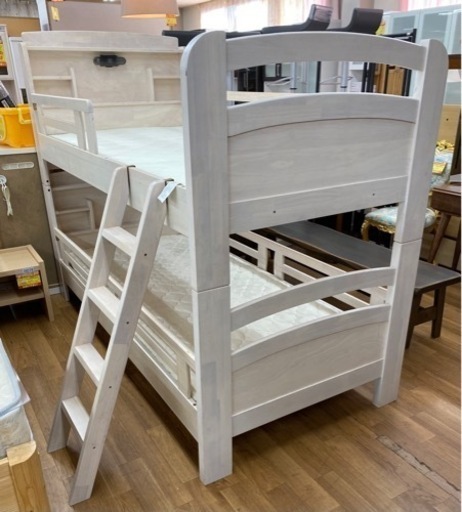 R079 関家具、天然木二段ベッドライト・宮付、マットセット幅103cm