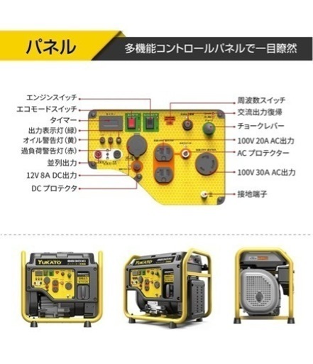 インバーター発電機 高性能 定格出力3.1kVA オープン型 静音 ガソリン発電機 正弦波 50Hz/60Hz切替 約23.5kg