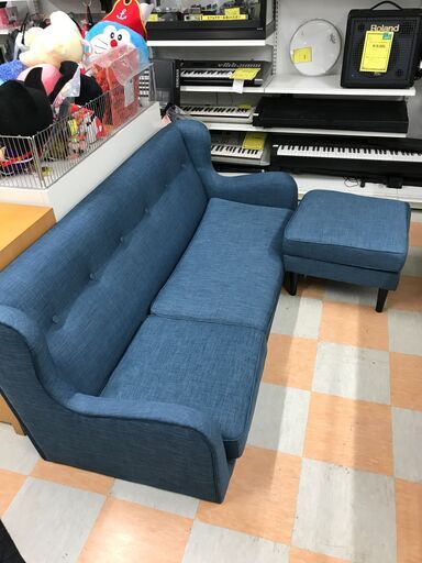 ソファー 3人用 オットマン付き　ブルー ※中古Bランク品