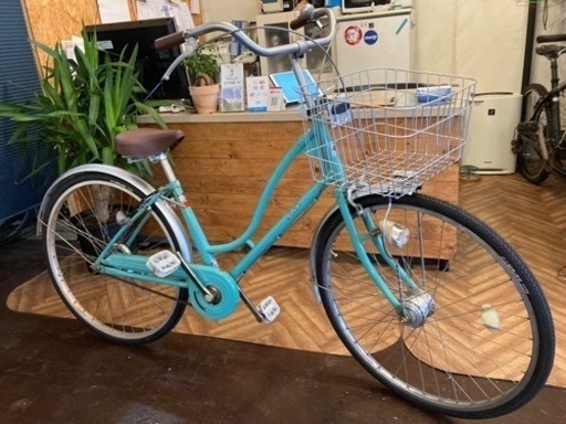 【タイヤ・チューブ新品！】LEDオートライト　26インチ自転車　エメラルドグリーン