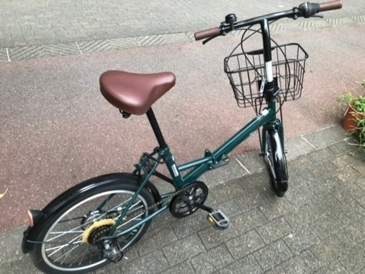 20インチ　マルイシ　外装6段変速　かご付き折り畳み自転車　マットグリーン