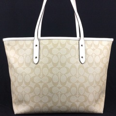 COACH コーチ 白レザー×シグネチャー 肩かけショルダー ジップトートバッグの画像
