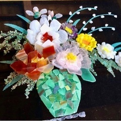 秀宝作 宝石画 貴石画 花 花瓶 骨董 額装 美術 アンティーク 工芸品 絵画の画像