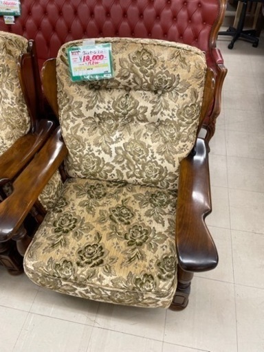 ★418 karimoku オールドカリモク ヴィンテージソファー 1Pソファー シングルソファー 布張り 総柄 【リサイクルマート鹿児島宇宿店】